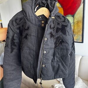Free People Jacket Denim and Black Velvet Embroidered Jacket
